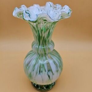 Hand-Blown Art Glass Vase Swirl Green White Ruffled Rim Bud Vase Accent Decor